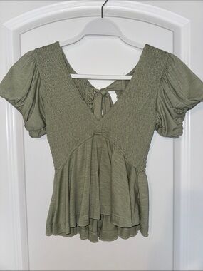 Altar'd State Olive Smocked V-Neck Peplum Top